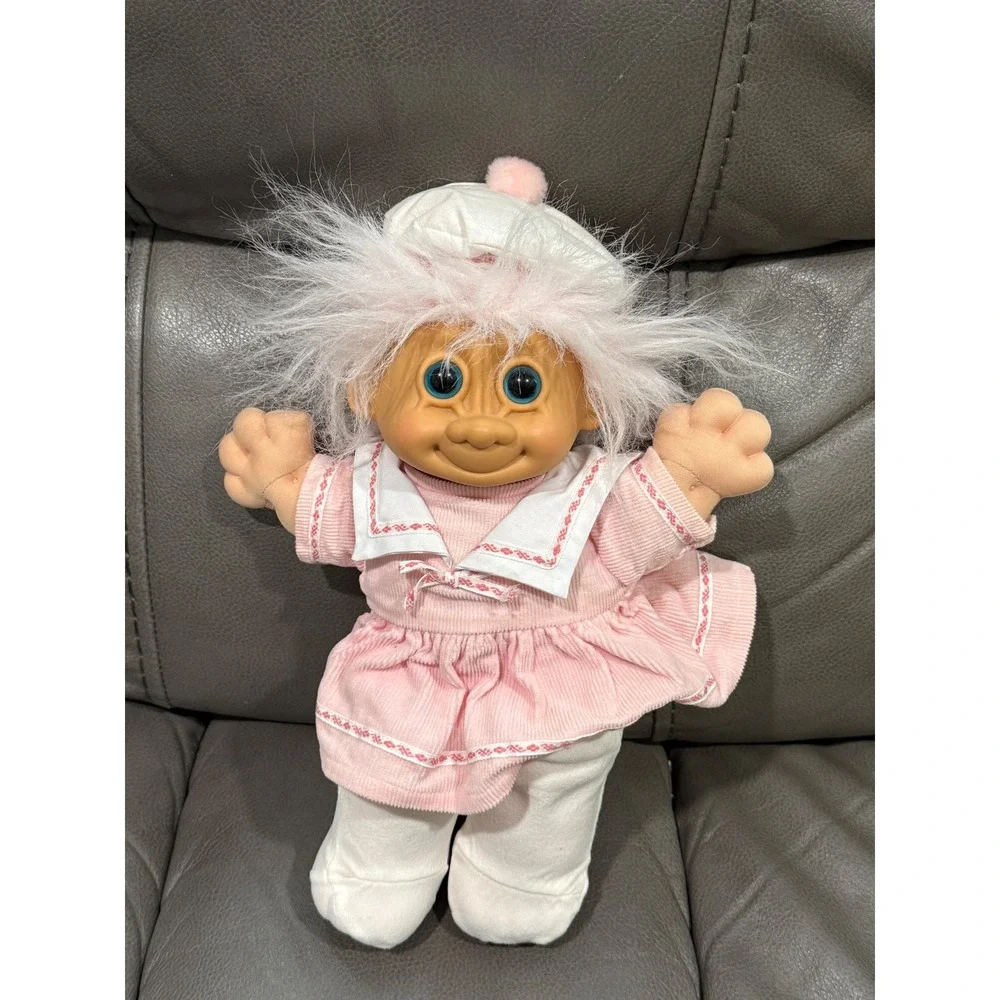 Russ Berrie Vintage Troll Doll Pink Corduroy Sailor‎ Dress Soft Body Plush 2319